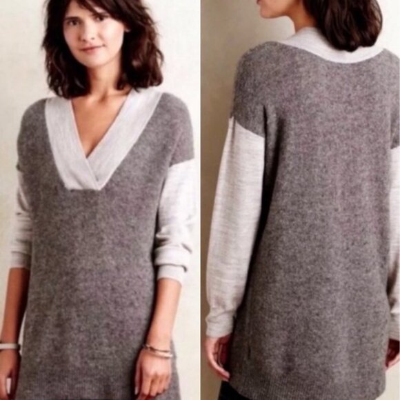 Anthropologie Alpaca Wool Boulders Grey V-Neck Knit Sweater Size XS Bohemian Top - Picture 1 of 13